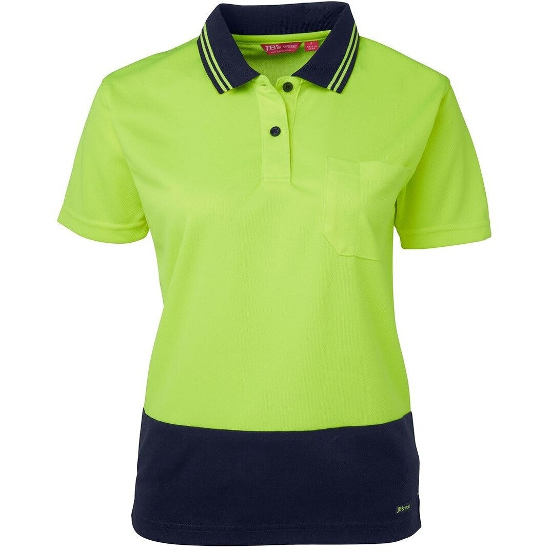 JB's Wear 6LHCP Ladies Hi Vis S/S Comfort Polo - Front View | color:Lime/Navy|view:front