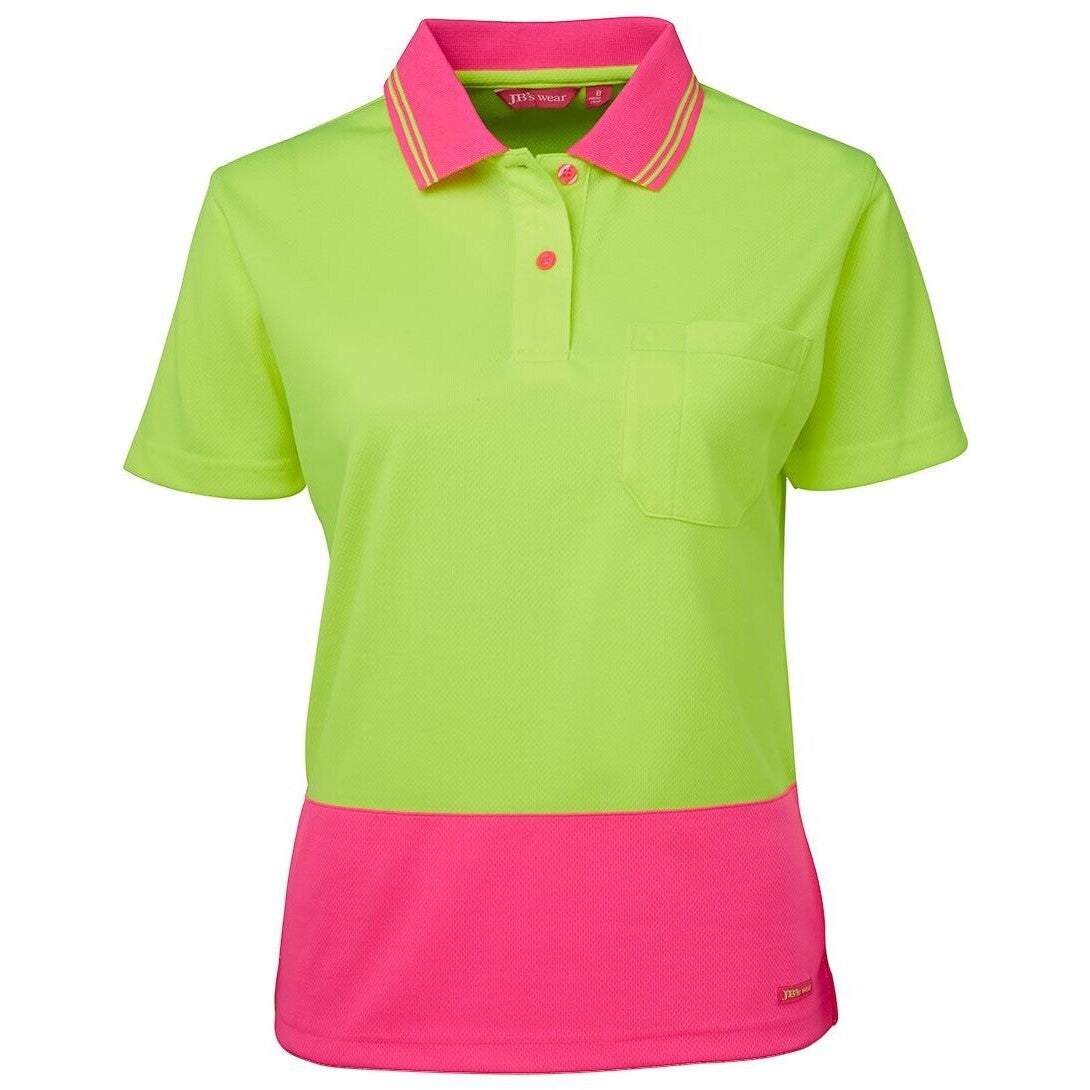 JB's Wear 6LHCP Ladies Hi Vis S/S Comfort Polo - Front View | color:Lime/Pink|view:front