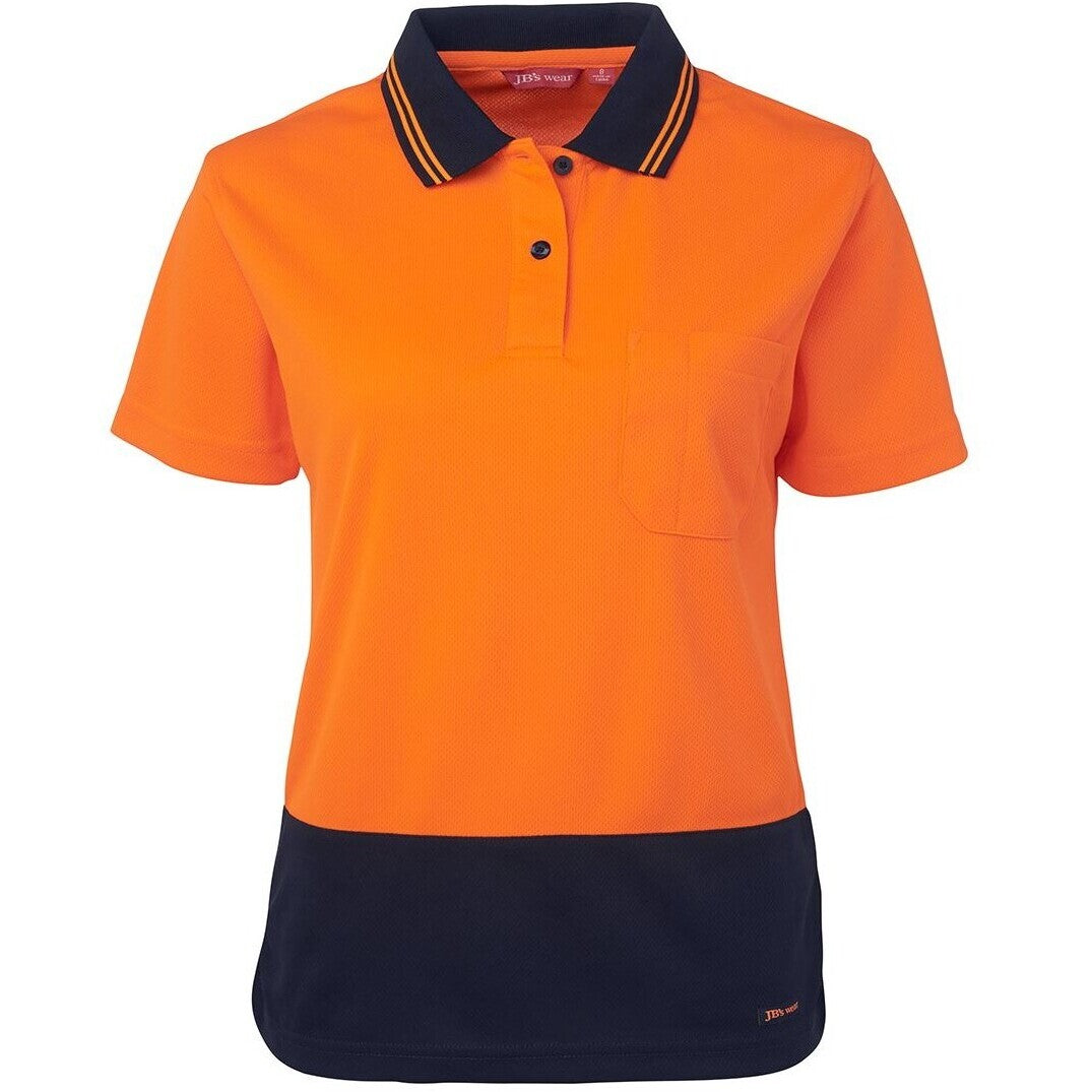 JB's Wear 6LHCP Ladies Hi Vis S/S Comfort Polo - Front View | color:Orange/Navy|view:front