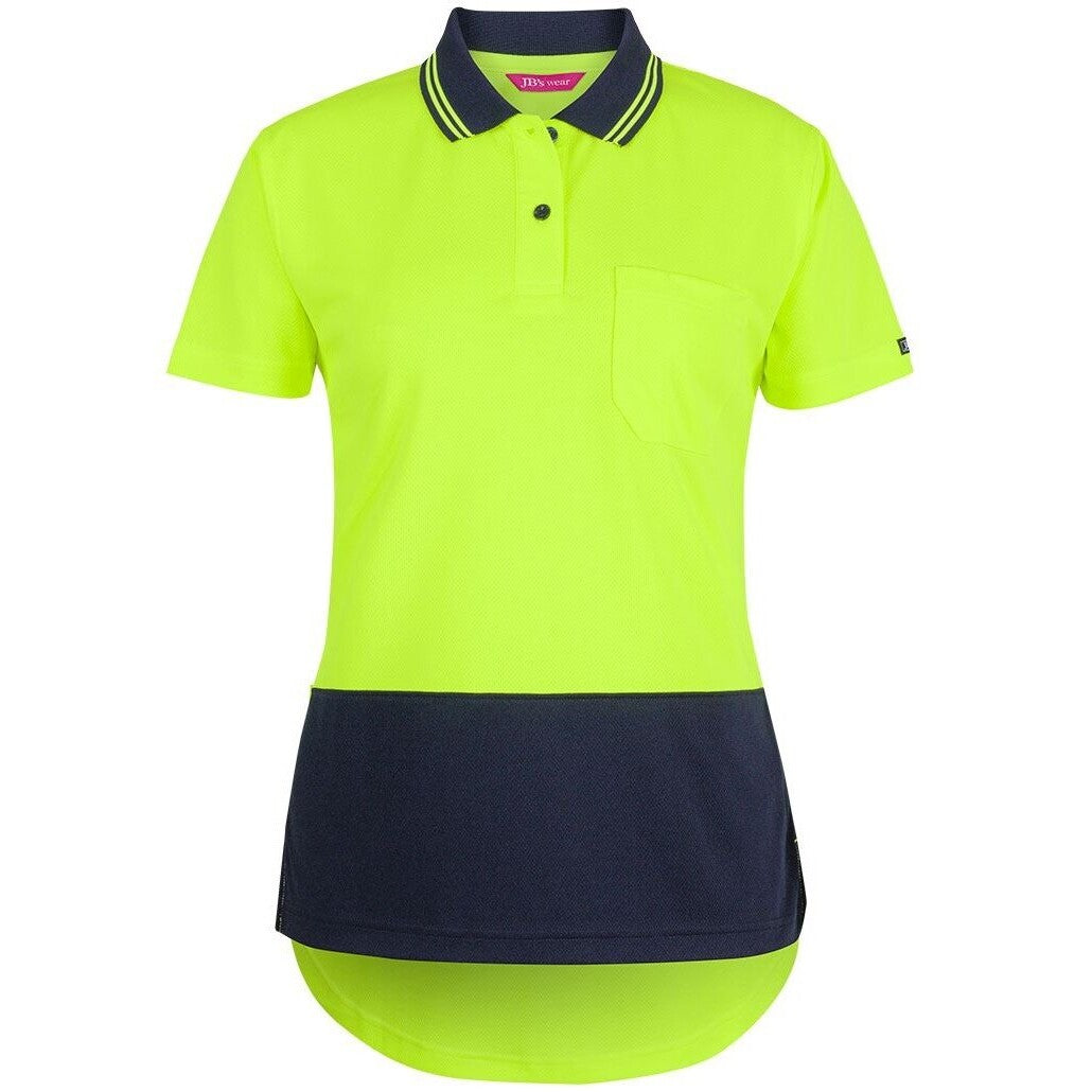 JB's Wear 6HDS1 Ladies Hi Vis S/S Drop Tail Polo - Front View | color:Lime/Navy|view:front