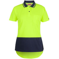 JB's Wear 6HDS1 Ladies Hi Vis S/S Drop Tail Polo - Front View | color:Lime/Navy|view:front