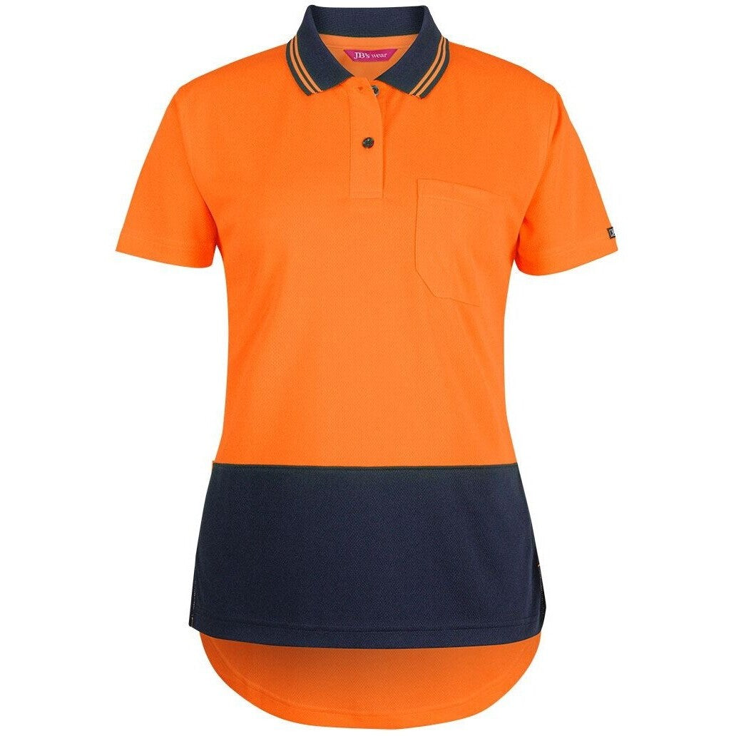 JB's Wear 6HDS1 Ladies Hi Vis S/S Drop Tail Polo - Front View | color:Orange/Navy|view:front