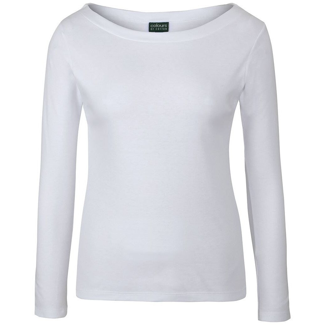 JB's Wear 1BTL Ladies L/S Boat Neck Tee - Front View | color:White|view:front