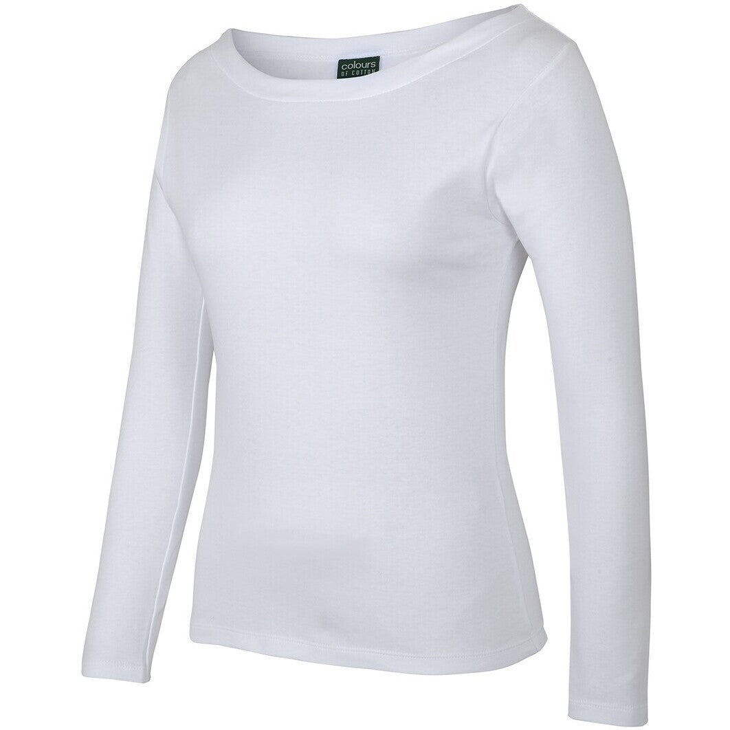 JB's Wear 1BTL Ladies L/S Boat Neck Tee - Side View | color:White|view:side