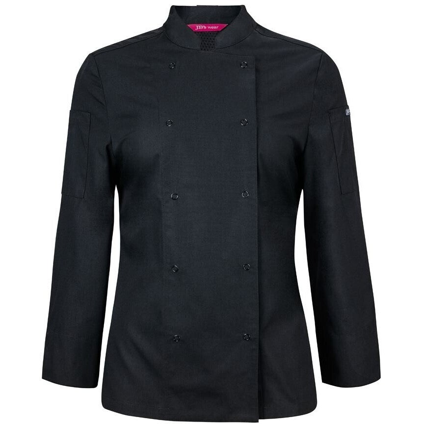 JB's Wear 5CJL1 Ladies L/S Snap Button Chef Jacket - Front View | color:Black|view:front