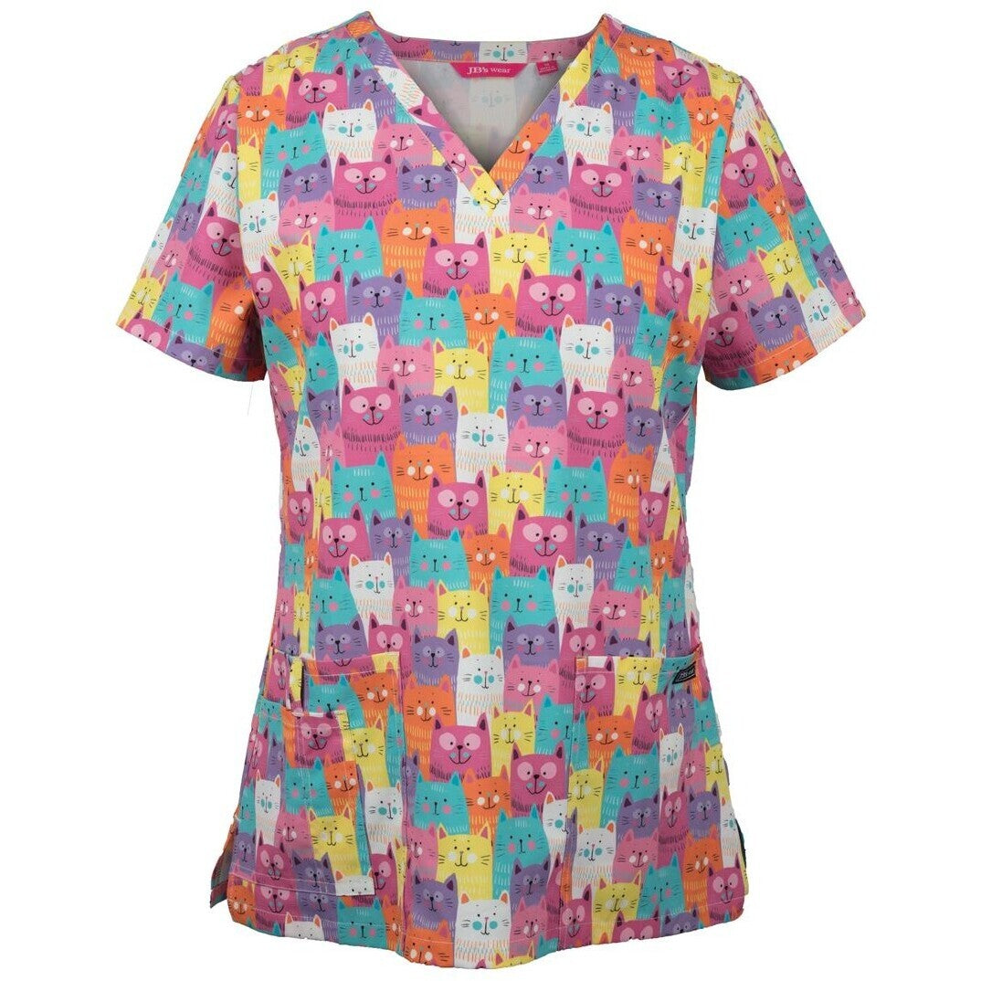 JB's Wear 4STP1 Ladies Scrub Top Printed - Front View | color:Cat Print|view:front