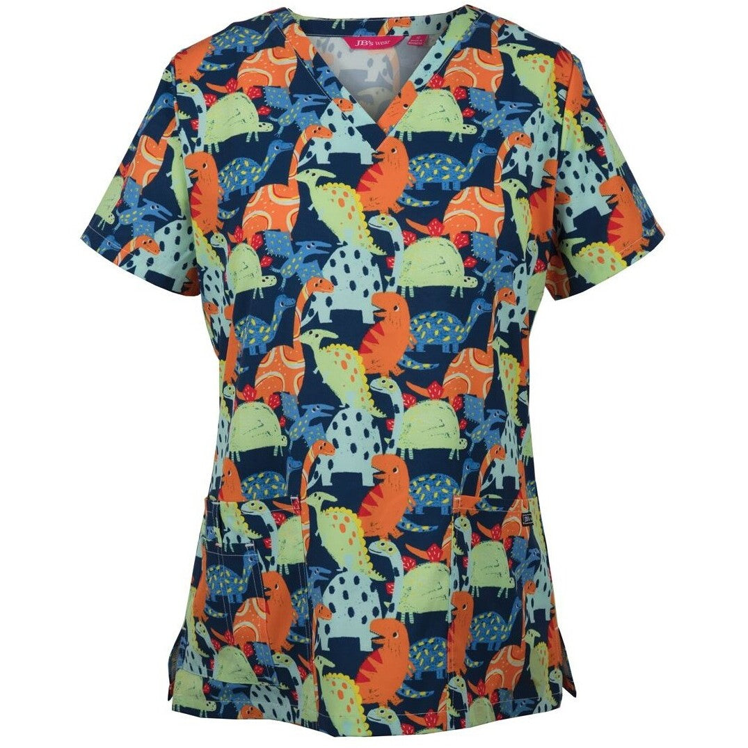 JB's Wear 4STP1 Ladies Scrub Top Printed - Front View | color:Dino Print|view:front