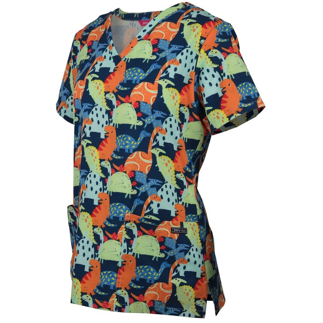 JB's Wear 4STP1 Ladies Scrub Top Printed - Side View | color:Dino Print|view:side