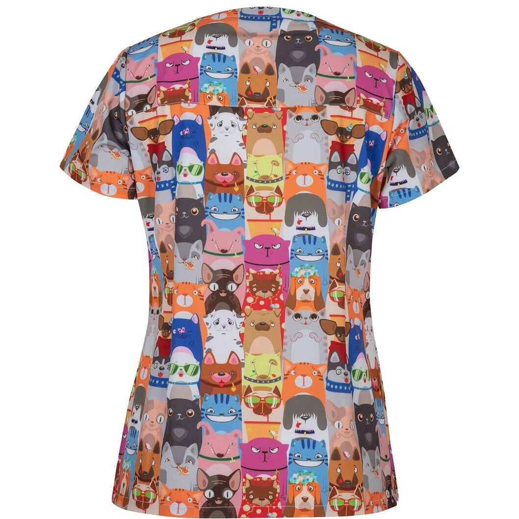 JB's Wear 4STP1 Ladies Scrub Top Printed - Back View | color:Raining Cats & Dogs|view:back