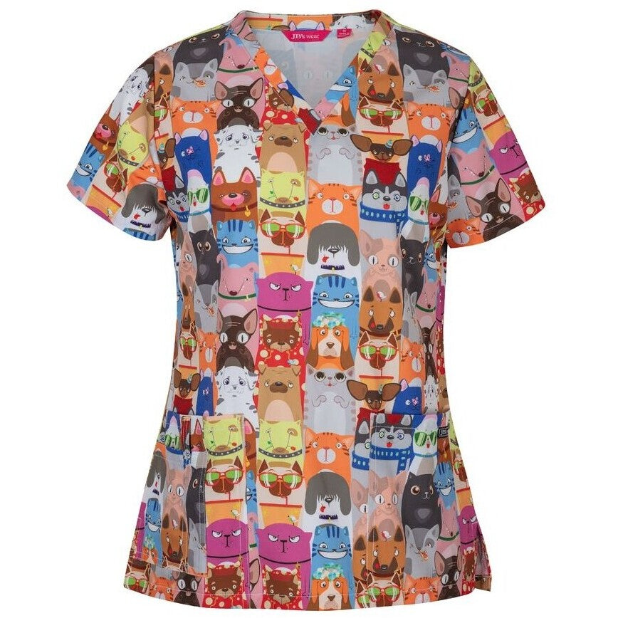 JB's Wear 4STP1 Ladies Scrub Top Printed - Front View | color:Raining Cats & Dogs|view:front