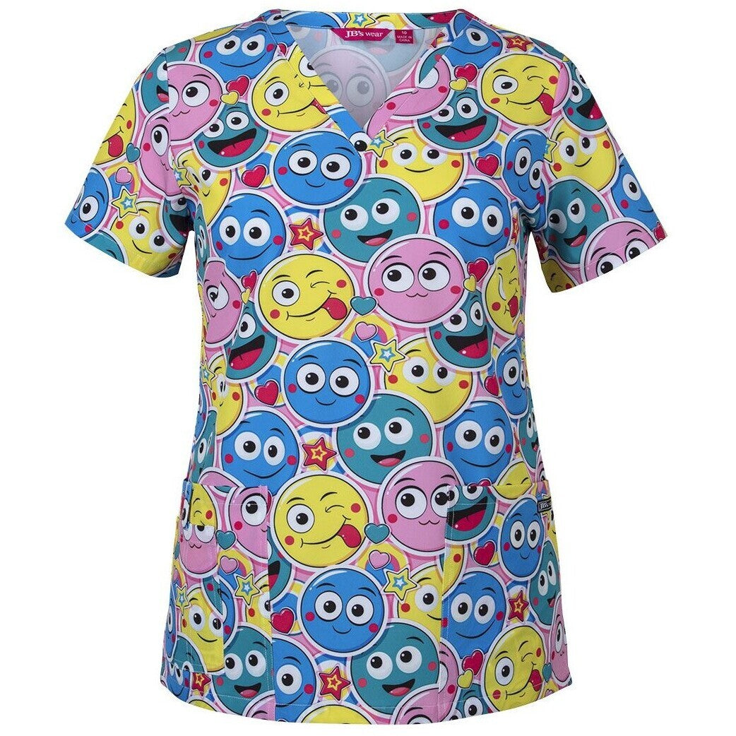 JB's Wear 4STP1 Ladies Scrub Top Printed - Front View | color:Smiley|view:front