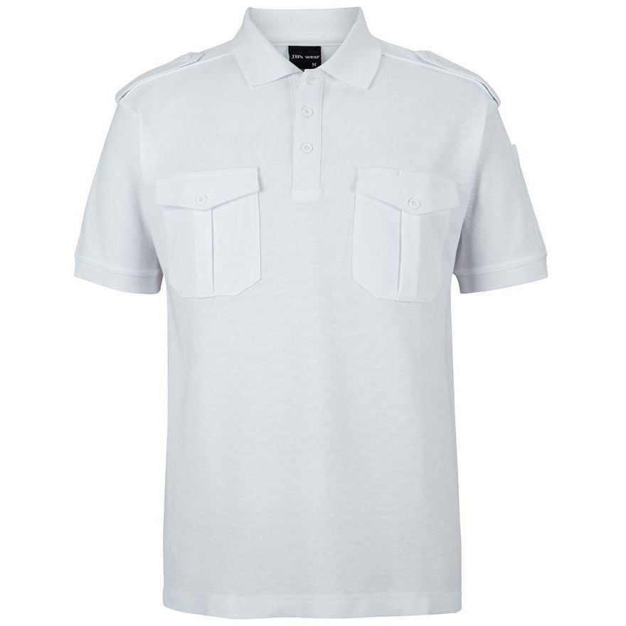 JB's Wear 210ES S/S 250 Epaulette Polo - Front View | color:White|view:front